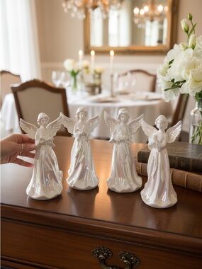 QVC Iridescent Light Up Ceramic Angel Figurine Set-NWOT